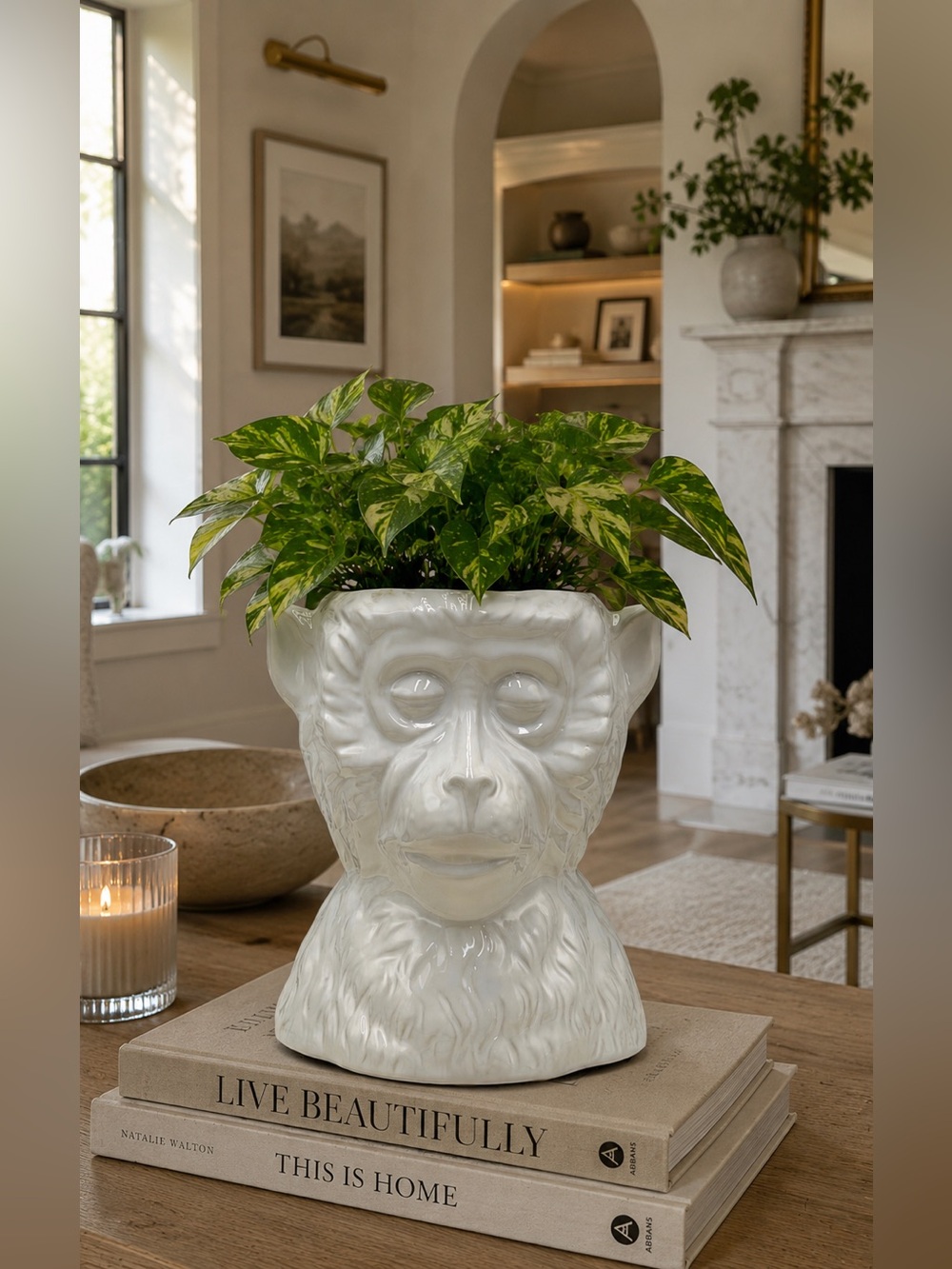 Ceramic Monkey Planter with Drainage Hole, White Monkey Head Pot for Houseplants